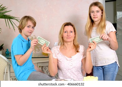 Blond Mother Giving Her Children Pocket Money