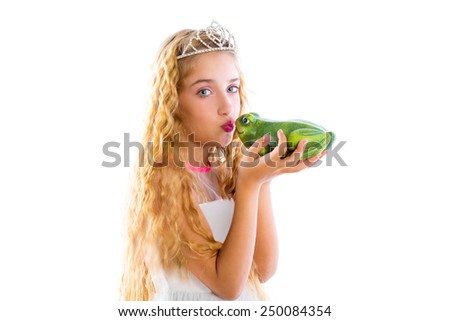 blond princess girl kissing a frog green toad like a story tale on white