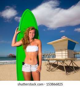 Blond Surfer Teen Girl Holding Surfboard In Huntington Beach Pier California [photo-illustration]