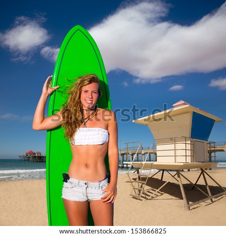 Blond surfer teen girl holding surfboard in Huntington Beach pier California [photo-illustration]