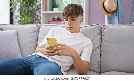 A blond teenage boy engrossed in a smartphone while sitting on a gray sofa indoors. - Powered by Shutterstock