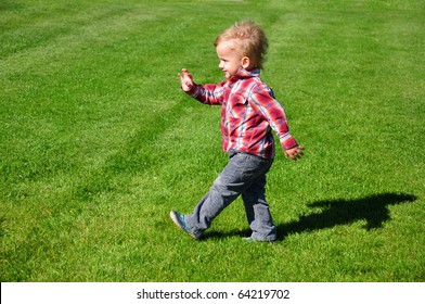 Blond Toddler Boy  Walking In The Grass