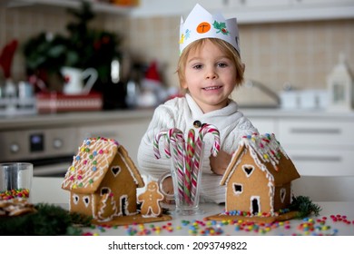 Blond Toddler Child, Cute Boy, Making Christmas Ginger Bread House At Home