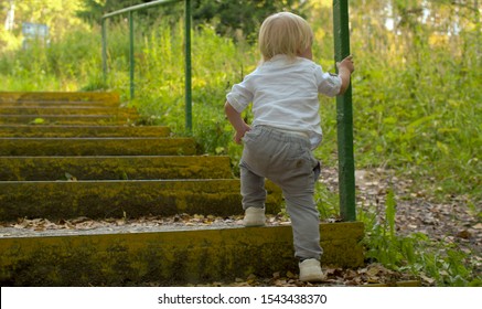 Blond Toddler Climbing Up Stairs In The Park In Summer. Rear View.