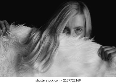 Blond Woman Behind White Fur Coat On Black Background