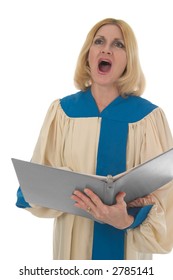 Blond Woman In A Choir Robe Holding A Music Folder And Singing.