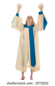 Blond Woman In A Choir Robe Praying And Praising The Lord.