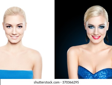 Blond Woman With Make Up, And No Make Up - Glamour Concept
