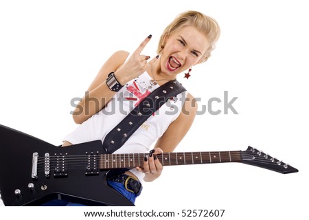 blond woman playing the electric guitar with passion and making a rock and roll hand gesture