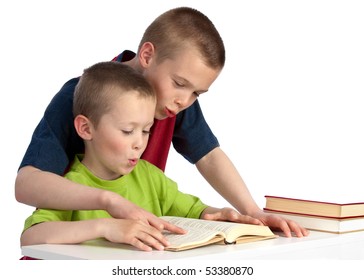 Blond, Young, Happy Brothers, One Ten Years Old, The Other Six, Working Together With Kid Brother's Reading Homework