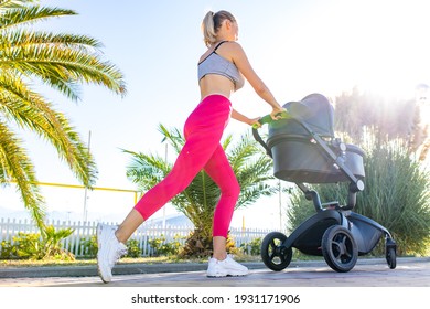 blonde beautiful woman ready to be the best mother and getting in shape after giving birth in tropics background beach - Powered by Shutterstock