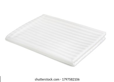 Blonde Bedsheet. Striped Pattern On A Snow-white Bedsheet. Bedsheet For A Bed On A White Background. Sale Of Bed Linen. Concept - Textile Store. Buying Synthetic Bedding.