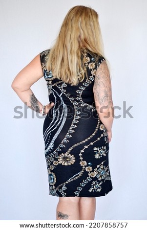 Blonde beutiful model tattoo piercing alternative full leight isolated white background dark back clothes party dress vintge  braided hair smiling expressive laugning confident plus size pretty girl