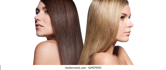 Blonde And Brunette Woman With Long Thick Straight Hair On A White Background In Profile