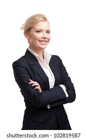 Blonde business woman in a black suit, isolated on white
