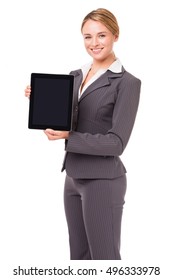 Blonde Businesswoman In Suit Holding Blank Digital Tablet On White