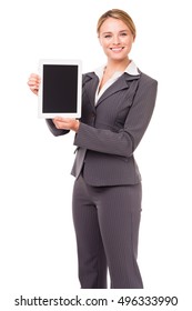 Blonde Businesswoman In Suit Holding Blank Digital Tablet On White