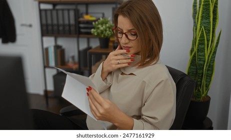 A blonde caucasian woman in an office reading a document with a thoughtful expression, surrounded by office decor and plants. - Powered by Shutterstock