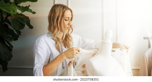 Blonde Caucasian woman working on a dress, adjusting fabric on a mannequin. Female fashion designer in a bright studio, woman making dress, fashion business, woman fashion designer in studio - Powered by Shutterstock