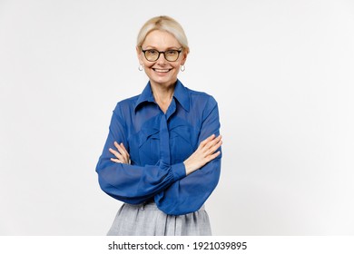 Blonde Confident Employee Business Woman 40s Wear Blue Classic Shirt Glasses Formal Clothes Holding Hands Crossed Folded Isolated On White Background Studio Portrait Achievement Career Wealth Concept.