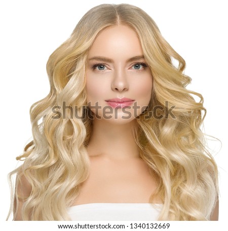 Blonde curly beauty woman healthy skin and beautiful hairstyle isolated on white