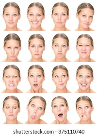 Blonde European Adult Caucasian Woman Collection Set Of Face Expression Like Happy, Sad, Angry, Surprise, Yawn Isolated On White