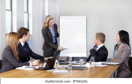 Blonde Female Present Graph On Flipchart During Business Meeting, While 4 More Colleagues Sits At Conference Table.