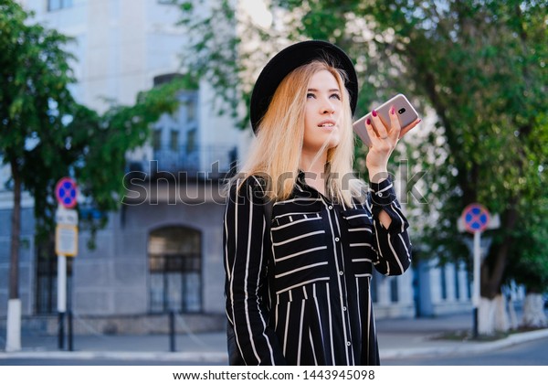 Blonde Girl Black Hat Walking On Stock Photo Edit Now 1443945098