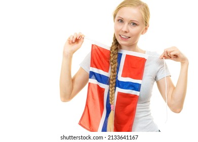 Blonde Girl Braid Hair With Norwegian Flag. Scandinavian People.