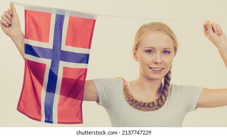 Blonde Girl Braid Hair With Norwegian Flag. Scandinavian People.