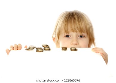 Blonde Girl Child Counts Coins