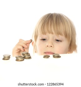 Blonde Girl Child Counts Coins