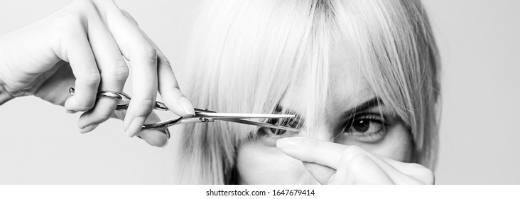 Blonde Girl Cut Forelock. Close Up Hairstyle With Bangs. Hair Care Concept