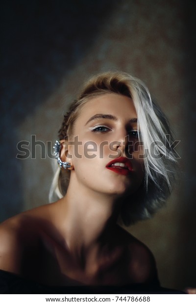 Blonde Girl Red Lips Rock Style Stock Photo Edit Now 744786688