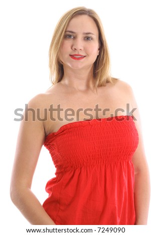 blonde girl in red tube dress