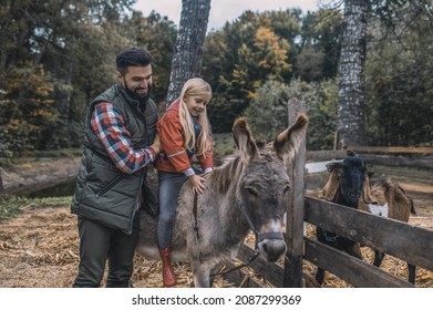 A Blonde Girl Sitting On A Donkey