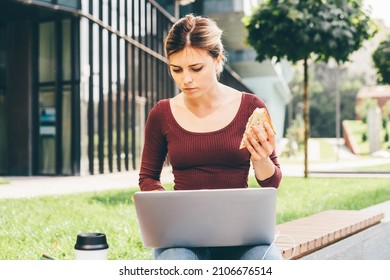 Сoncentrated Blonde Girl Student Types On Modern Laptop Eating Tasty Sandwich On Bench In City. 