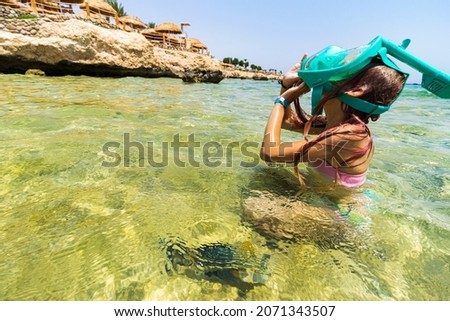 blonde girl swims near the coast of the red sea on coral reef