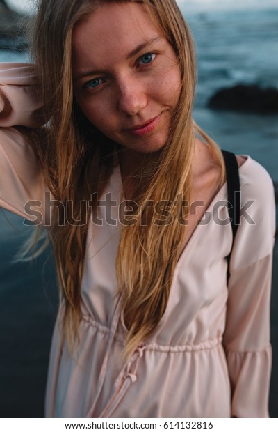 Blonde Hair Girl Stands On Beach Stock Photo Edit Now 614132816