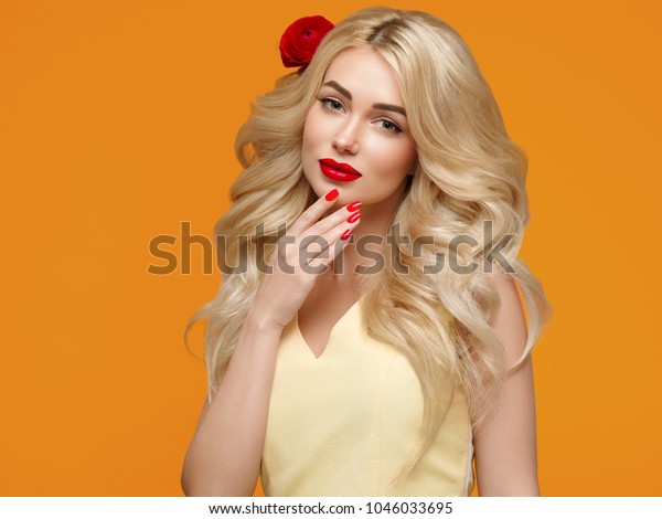 Blonde Hair Woman Manicure Red Nails Stock Photo Edit Now 1046033695