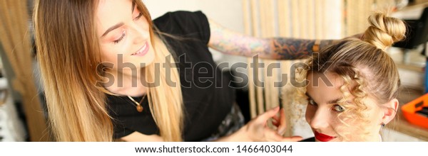 Blonde Hairdresser Making Hairstyle Curls Young Stock Photo Edit