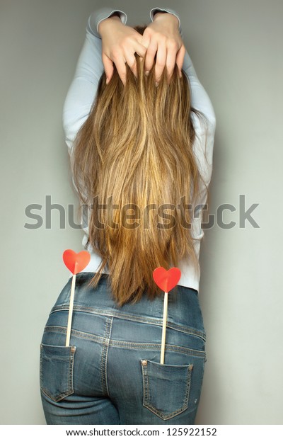 Blonde Long Hair Behind Hearts Pockets Stock Photo Edit Now
