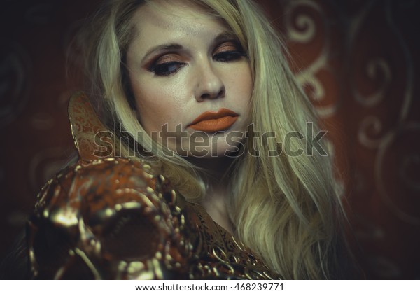 Blonde Long Hair Gold Red Skull Stock Photo Edit Now 468239771