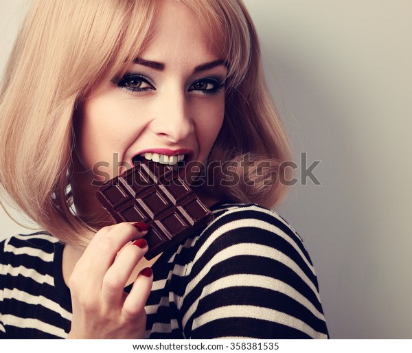 Blonde Makeup Woman Eating Dark Chocolate Stock Image Download Now