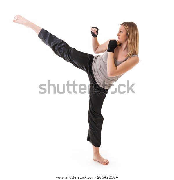 Blonde Martial Arts Girl Exercising Taekondo Stock Photo (Edit Now ...