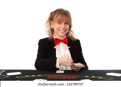 Blonde Mature Casino Worker, Wearing A Black Blazer With A Red Bow Tie. White Background.