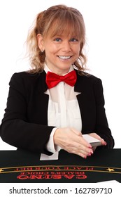 Blonde Mature Casino Worker, Wearing A Black Blazer With A Red Bow Tie. White Background.