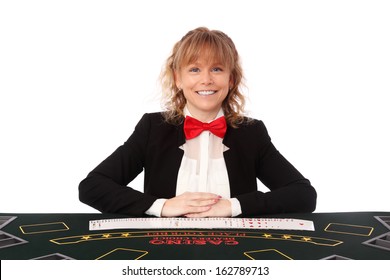 Blonde Mature Casino Worker, Wearing A Black Blazer With A Red Bow Tie. White Background.