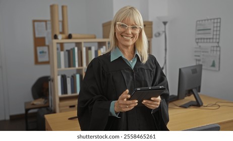 Blonde mature woman in judge attire is holding a tablet, smiling confidently in a well-organized office environment, suggesting a professional legal or judicial setting - Powered by Shutterstock