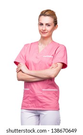 Blonde Nurse In Pink T-shirt Isolated On White